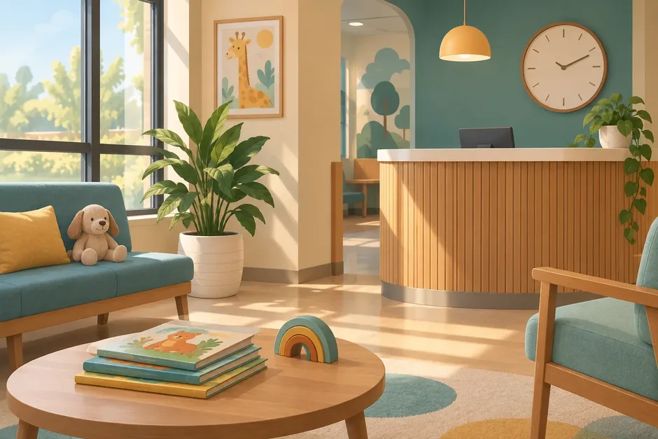 Illustration of a stethoscope, clipboard, and toy beside a welcoming clinic desk