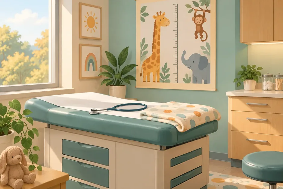 Illustration of a caregiver and child at a friendly pediatric check-up scene