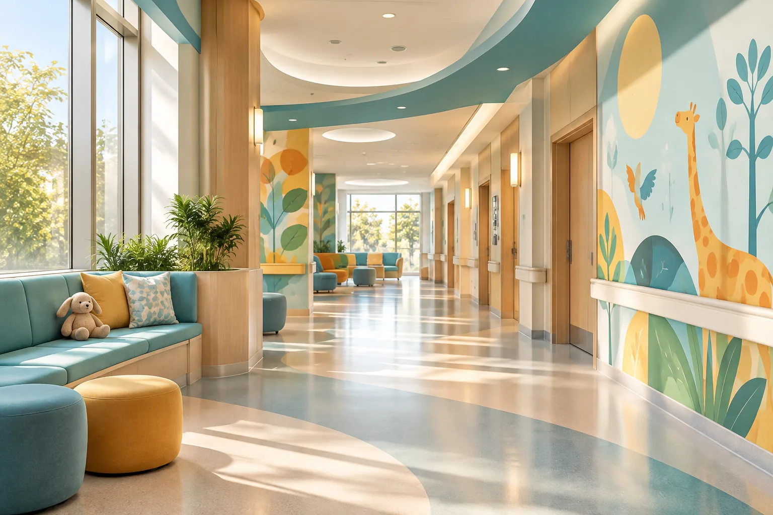 Decorative illustration of a welcoming pediatric hospital setting